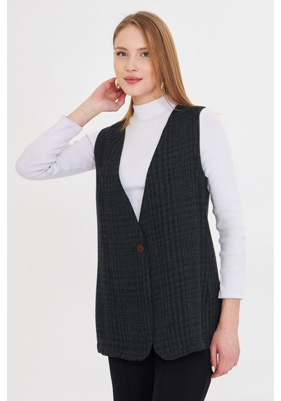 Armonika Kadın Haki V Yaka Tek Düğmeli Oversize Desenli Yelek Arm-25k001110