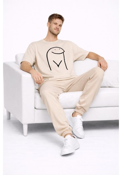 Sevgili Kombini Çift Tişört Oversize Unisex Matching Couple Minim Bej