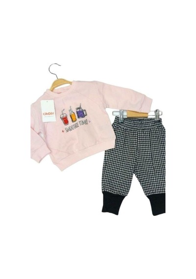 Çikoby Kız Bebek Smoothie Sweat Pitikare Pantolonlu Takım-13579 Pudra