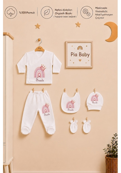 Pia Baby İsimli Kız Bebek Zıbın Seti 5 Parça %100 Pamuk Kişiye Özel Organik Baskı 1104z0x Krem