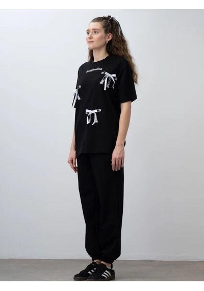 Zekids Kız Çocuk Fiyonk Detaylı Oversize T-shirt-15531 Siyah