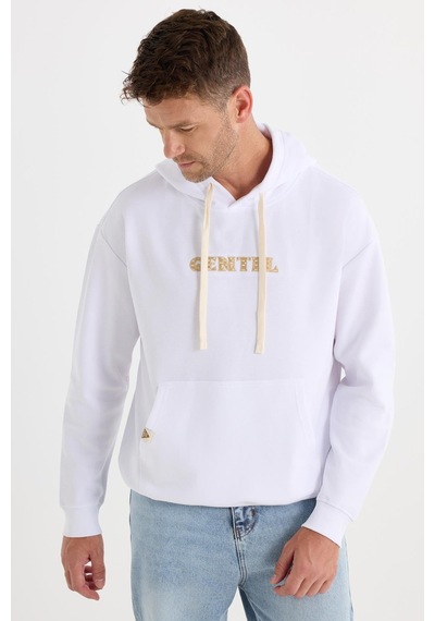 Tudors Erkek Oversize Geniş Kesim Pamuklu Baskılı Beyaz Kapüşonlu Sweatshirt-37294 Beyaz