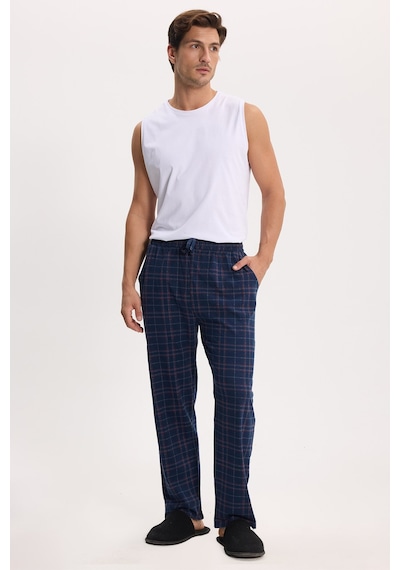 Tudors Erkek Standart Fit Normal Kesim Pamuklu Kareli Beli Bağcıklı Cepli Lacivert Pijama Altı-51259