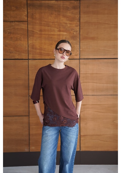 Verymoda Dantel Detaylı Asimetrik Tişört D2953 Kahve