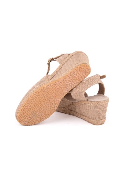 Gerçek Elişi Hasır Rengi Topuğu Açık Keten Espadril Dolgu Topuk Handmade Hasır