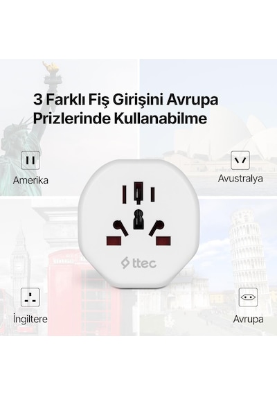 Ttec Akım Korumalı 10a/250v Amerikan/avrupa/ingiliz Tipi Priz Dönüştürücü Priz Çevirici Adaptör Priz