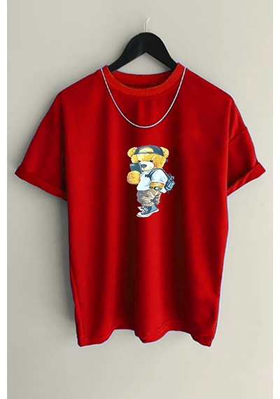 Medinenur Unisex Peluş Ayı Baskılı Bisiklet Yaka Tshirt Kırmızı