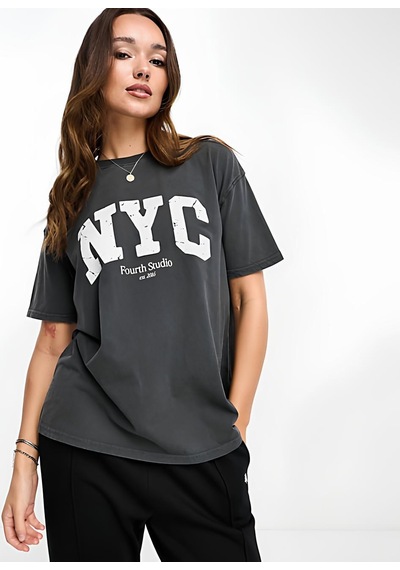 %100 Pamuk Ön Baskılı Kadın T-shirt -90 Antrasit