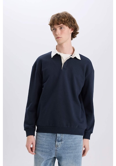 DeFacto Boxy Fit Polo Yaka Basic Düz Sweatshirt E6523AX24WNNV82 Lacivert