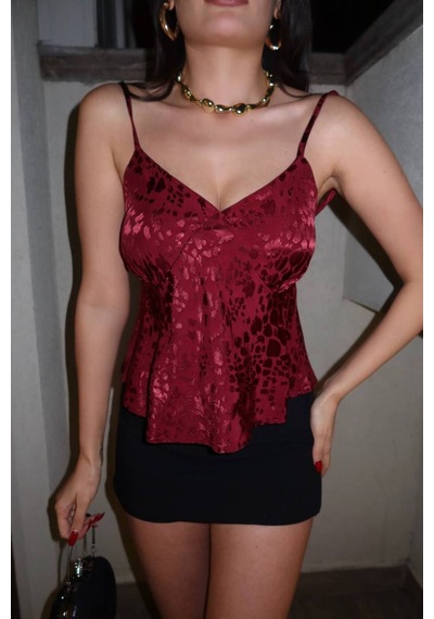 Kechi Woman Leopar Desenli Saten Askılı Bluz Bordo