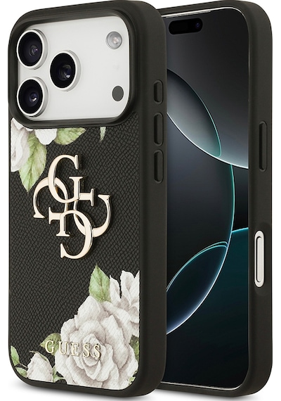 Apple Uyumlu iPhone 17 Pro Kılıf Guess Lisanslı Gül Baskılı Büyük Metal Logo Dizaynlı Kapak Siyah Siyah