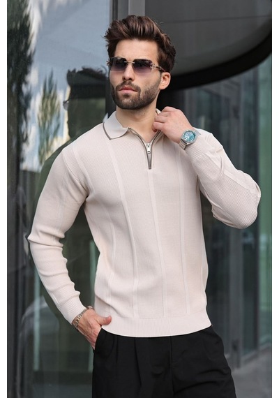 Madmext Taş Polo Yaka Yarım Fermuarlı Fitilli Erkek Triko Kazak E7515 Taş Rengi
