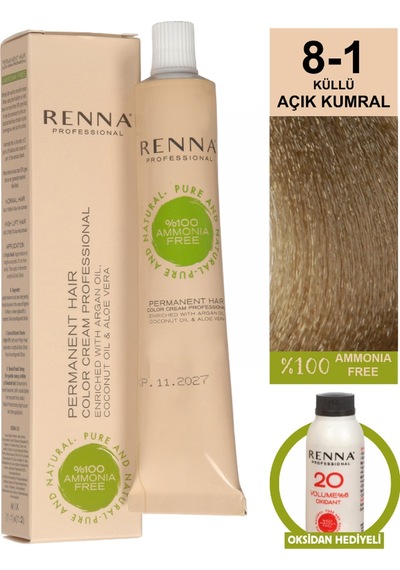 Renna Bitkisel Amonyaksız Saç Boyası 60 Ml 8-1 Küllü Açık Kumral Oksidan Hediyeli