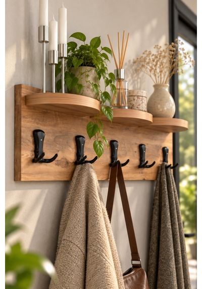 Sulorahome 5'li Duvar Askılığı Raflı Ve Kancalı Ceviz Desenli Kahverengi 80 Cm