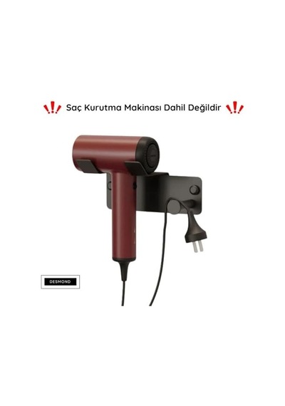 Desmond Saç Kurutma Makinesi Askısı, Mat Siyah, Yapışkanlı Ve Vidalı Montaj Seçenekli, Banyo Ve Lavabo İçin