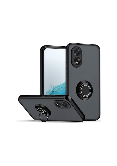 Oppo A18 Uyumlu Kılıf Yüzüklü Standlı Extra Darbe Koruma Sert Silikon Kapak - Siyah Siyah
