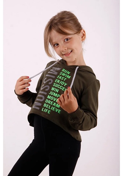 Toontoy Kız Çocuk Relax Fit Kapüşonlu Baskılı Crop Sweatshirt - 2 İplik Haki