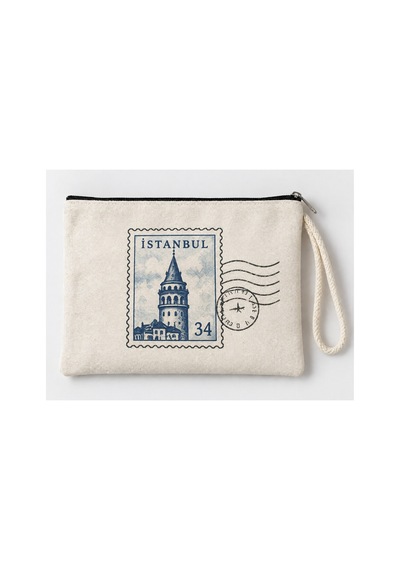 Galata Kulesi Pul Baskılı Fermuarlı Makyaj Çantası Bozuk Para Cüzdanı Clutch