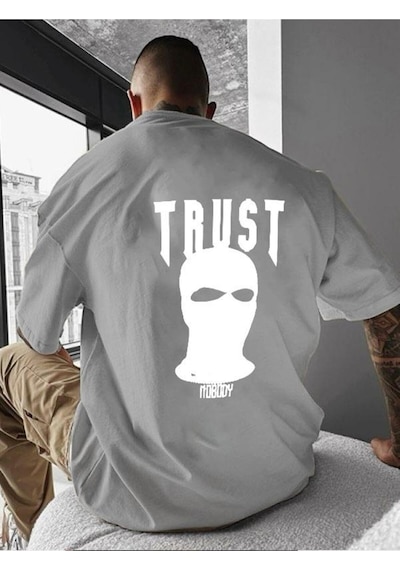 Trust Baskılı Oversize Tişört Gri
