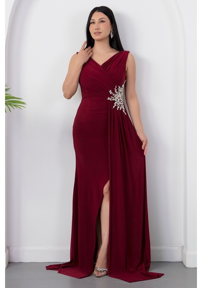 Kalopya Beli Taşlı Yırtmaçlı Abiye Elbise Ecr5301 Bordo