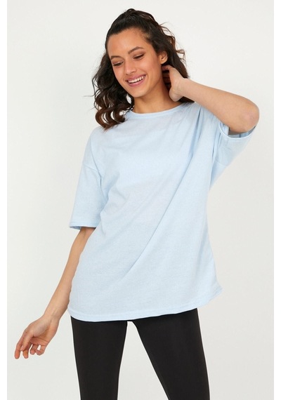 Düz Basic T-shirt - Buz Mavi Oversize Bisiklet Yaka Kısa Kol Tişört Mavi