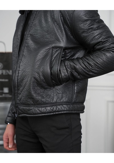 Modefendi Orta Slim Fit İçi Elyaf Yaka Kürk Detaylı İthal Deri Yan Cep Deri Mont Siyah