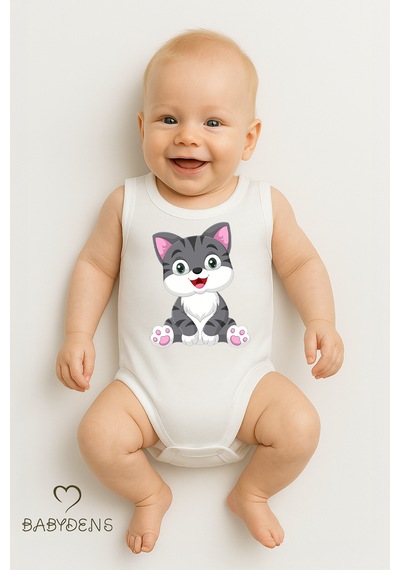 Babyden's %100 Pamuklu Hayvan Figürlü Kolsuz Çıtçıtlı Bebek Body Unisex Kedi Baskılı Beyaz