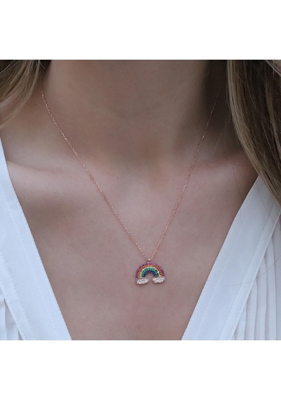 Renkli Zirkon Taşlı Gökkuşağı Rose Gold Kaplama Gümüş Kolye Gümüş