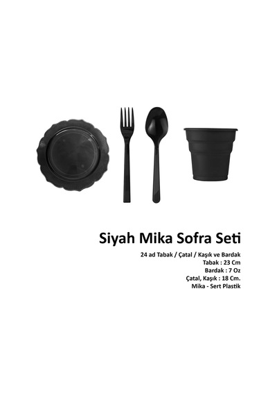 Omeyva 23 Cm. Mika Plastik Siyah Piknik Seti - 24 Kişilik Tabak Bardak Çatal Kaşık Takımı
