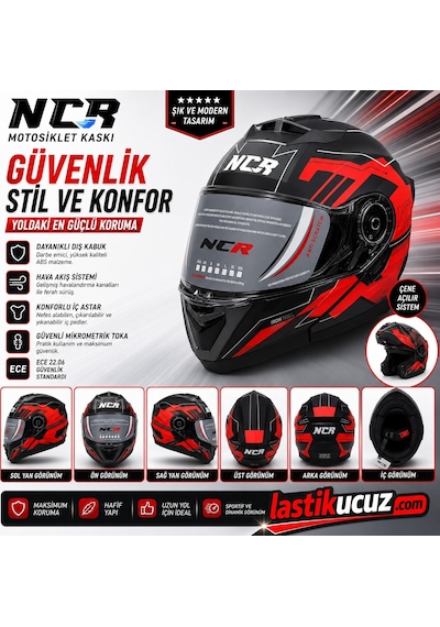 Ncr-160e Çene Açılır Gözlüklü E-ce Belgeli Kask Kırmızı Grafik