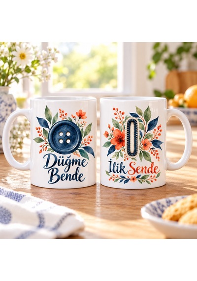 Bezos Düğme Bende Ve İlik Sende 2'li Porselen Kupa Seti - Model 542 Hb006