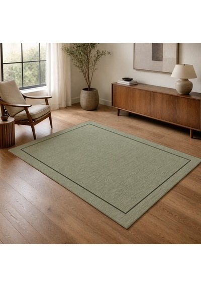 Kartela Halı Sisal Görünümlü Minimal Çerçeveli Halı Adaçayı Yeşili Kaymaz Taban 100x150 Cm