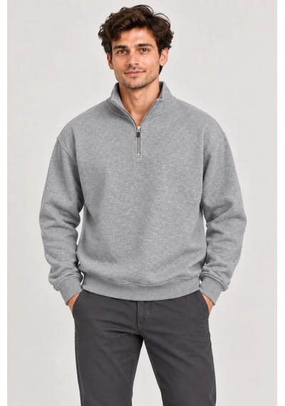 Butik İstanbul Erkek Üç İplik İçi Şardonlu Dik Yaka Yarım Fermuarlı Kışlık Sweatshirt - Gri