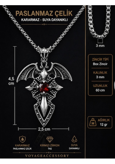 Paslanmaz Çelik Kırmızı Zirkon Taşlı Melek Kanat Stil Gotik Kadın Kolye