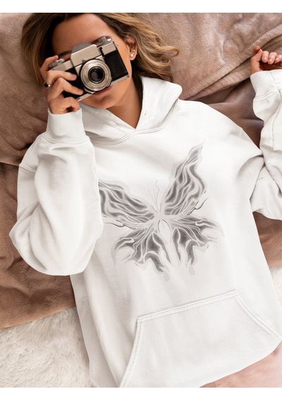 Sevbano Tasarım Billie Eilish Kelebek Temalı Baskılı Unisex Oversize Şark beyaz