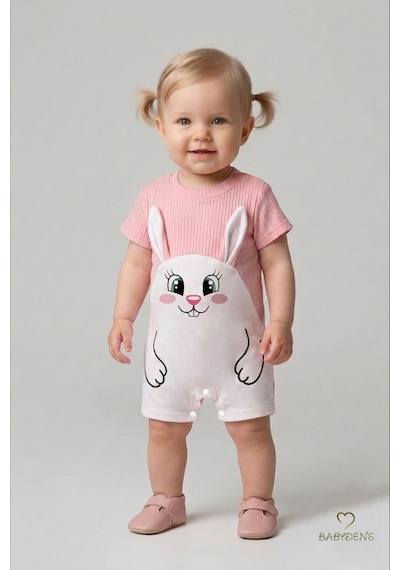 Babyden's Tavşan Figürlü Kız Bebek Şortlu Tulum %100 Pamuk Yazlık Tulum Günlük Bebek Tulumu 0-9 Ay Pudra