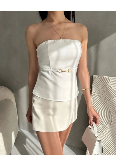 Straplez Beli Toka Detaylı Crep Bluz Beyaz Beyaz