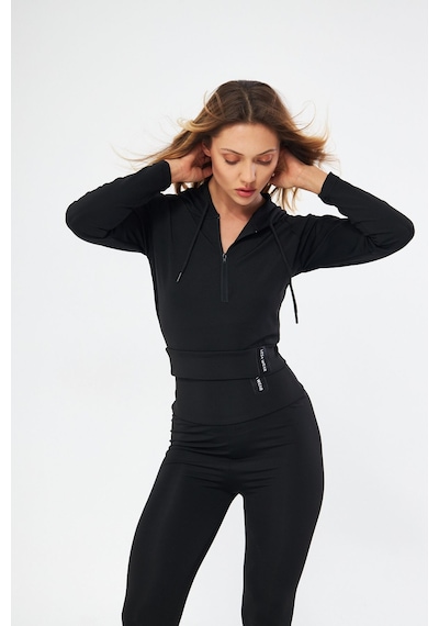 Lesa Wear Kapüşonlu Içi Polarlı Yumuşacık Şardonlu Kaşkorse Crop Likralı Sweatshirt Siyah