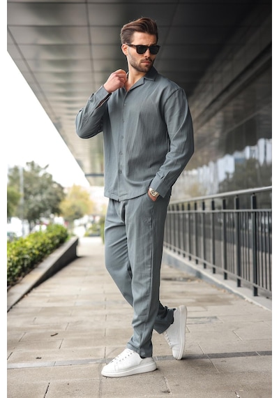 Madmext Füme Düğmeli Basic Erkek Gömlek Pantolon Takım E7335 Füme
