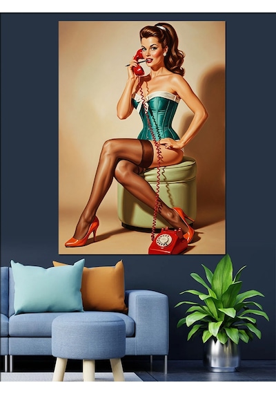 Ahşap Tablo Telefonla Konuşan Pinup Kadın