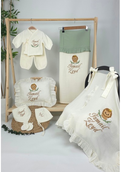 Gros Shop Müslin Yeni Doğan 4katlı Organik %100pamuk Kişiye Özgü Nakışlı Hastane Çıkış Seti Aslan Model-2 Ekru-1