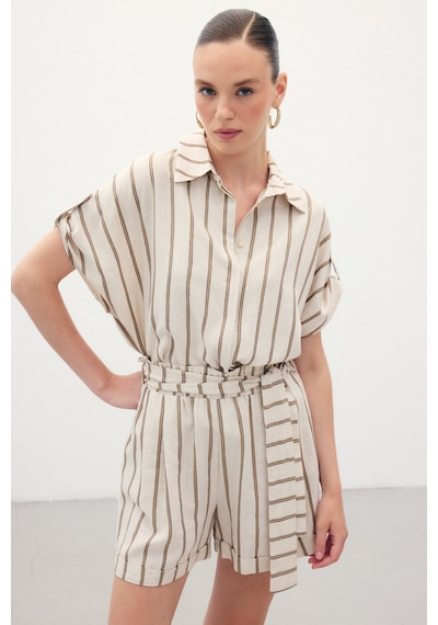 Sateen Kısa Kollu Keten Karışımlı Gömlek - Camel-136368 CAMEL