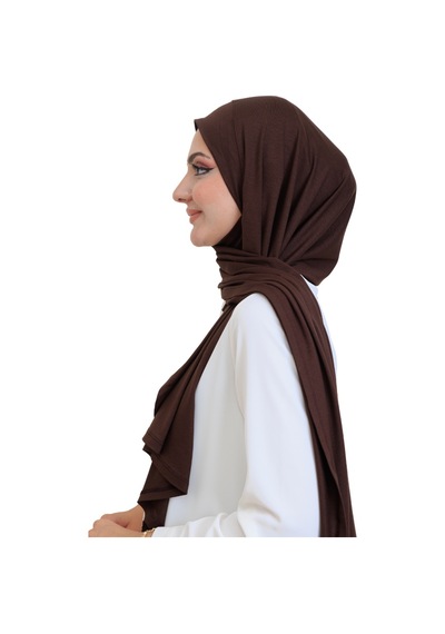 Modish Group Penye Boyun Kapamalı Şal Başörtü Hazır Giyim Turban Esnek Jersey Şal Kahverengi