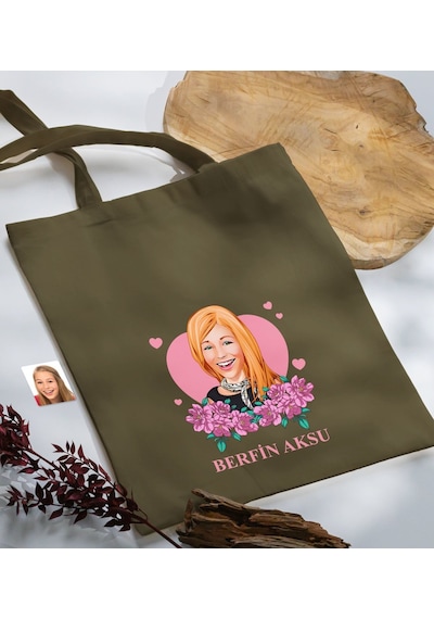 Bk Gift Kişiye Özel Anneler Günü Karikatürlü Haki Kumaş Bez Çanta, Baskılı Omuz Çantası, Alışveriş Çantası, Anneye Hediye-2 Haki