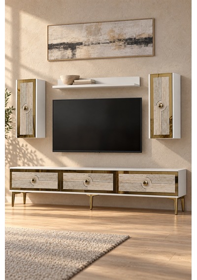 Tvr1816btg Pega Tv Ünitesi Takımı Beyaz-traverten-gold 180cm Beyaz - Traverten - Altın