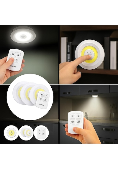 Hero 3 Lü Kablosuz Led Spot Işık Seti Uzaktan Kumandalı, Yapışkan Bantlı, Pilli, 3w Cob Led,