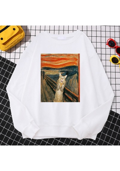 Startmore Startmorerahat Sokak Kadın Kazak Yağlıboya Cat's Catbaskı Hoody Rahat Polar Kazak Gevşek Sıcak Kadın S Beyaz