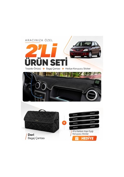 E-biz Dacia Logan 1 2004-2008 Uyumlu Torpido Örtüsü + Deri Bagaj Çantası Seti - Siyah - Da006