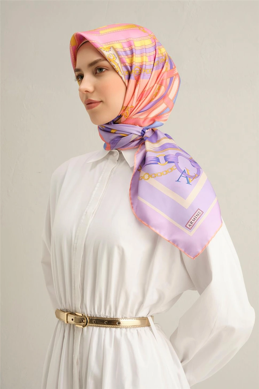 Armine Klasik Desenli Saf İpek Twill Eşarp 9315d 50 Lila