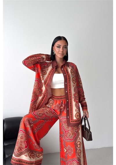 Neşeli Butik Kadın Kırmızı Etnik Desenli Tasarım Gömlek Pantolon Takım Nbms26120